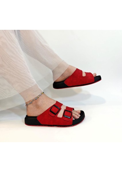 7410 Kırmızı Çift Tokalı Yumuşak Taban Rahat Terlik
