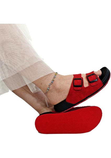 7410 Kırmızı Çift Tokalı Yumuşak Taban Rahat Terlik modelleri
