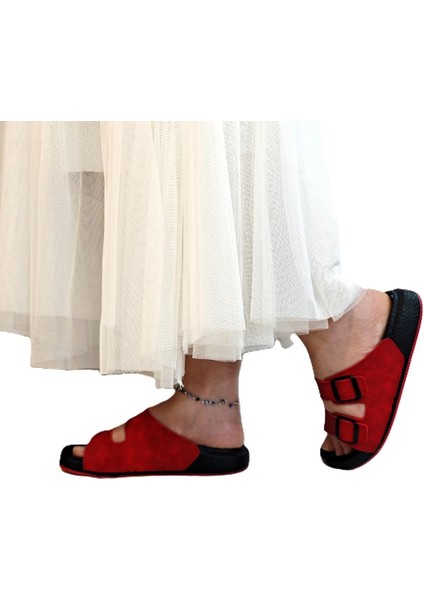 7410 Kırmızı Çift Tokalı Yumuşak Taban Rahat Terlik indirimleri