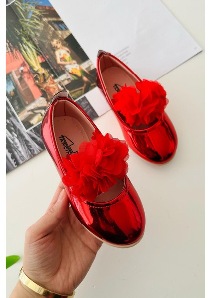 Çiçek Tül Detaylı Lastikli Kız Çocuk Ortopedik babet - Kırmızı