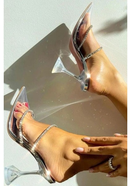 Kadın Princess Gümüş Nude Taba Bej Ten Şeffaf Topuklu Taşlı Stiletto Sivri Burunlu Abiye Ayakkabı