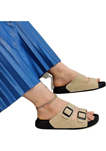 7410 Krem Çift Tokalı Yumuşak Taban Rahat Terlik