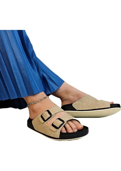 7410 Krem Çift Tokalı Yumuşak Taban Rahat Terlik modelleri