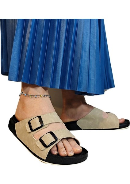 7410 Krem Çift Tokalı Yumuşak Taban Rahat Terlik fırsatları