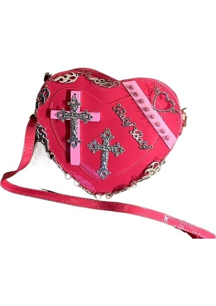 Çantalar Kadın Çantaları Yeni Stil Kişiselleştirilmiş Perçinli Çapraz Çantalar Trend Cool Punk Stili Kalp Şekilli Çantalar (Yurt Dışından)