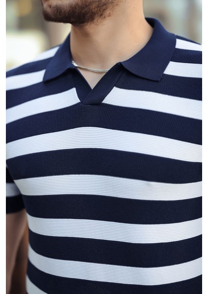 Premium Yan Çizgili Viskon Polo Yaka Triko Erkek T-Shirt - Lacivert