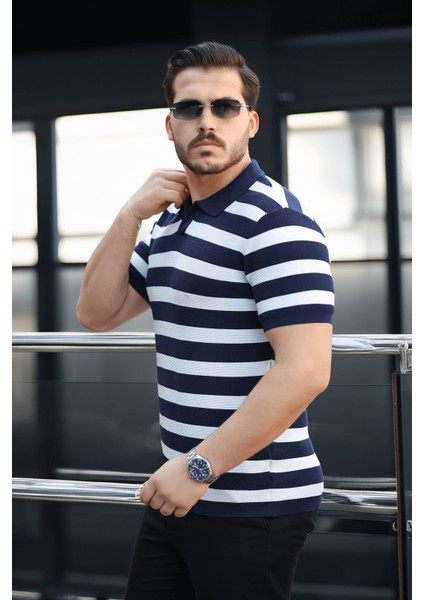 Premium Yan Çizgili Viskon Polo Yaka Triko Erkek T-Shirt - Lacivert