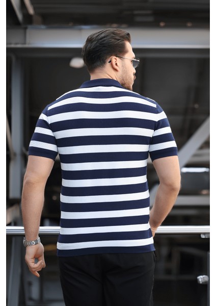 Premium Yan Çizgili Viskon Polo Yaka Triko Erkek T-Shirt - Lacivert