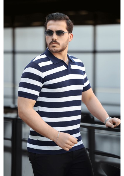 Premium Yan Çizgili Viskon Polo Yaka Triko Erkek T-Shirt - Lacivert