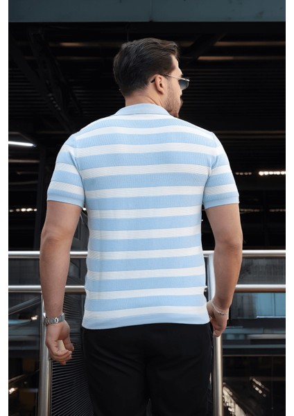 Premium Yan Çizgili Viskon Polo Yaka Triko Erkek T-Shirt - Mavi
