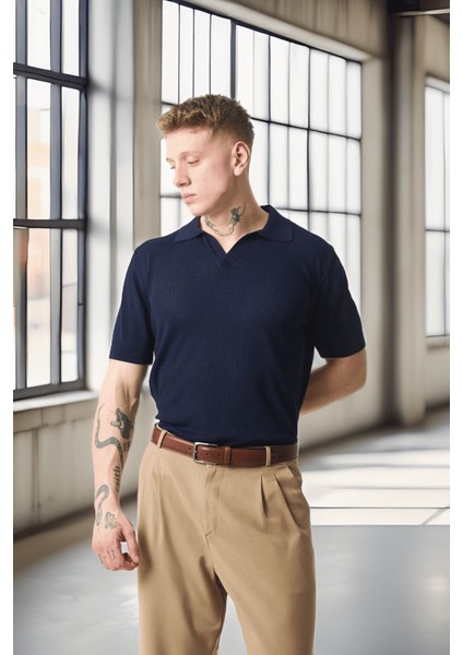 Örme Desenli Viskon Polo Yaka Triko Erkek T-Shirt - Lacivert