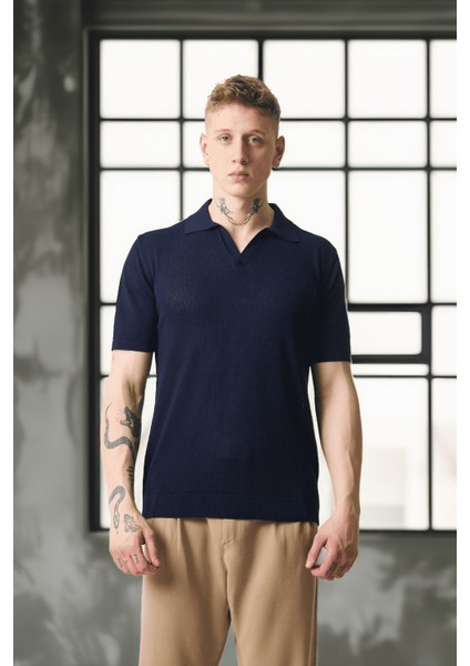 Örme Desenli Viskon Polo Yaka Triko Erkek T-Shirt - Lacivert