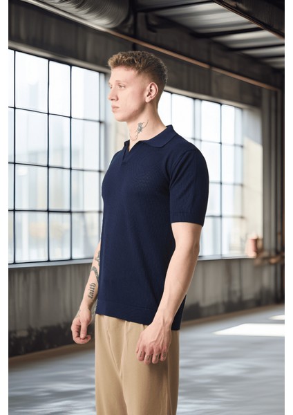 Örme Desenli Viskon Polo Yaka Triko Erkek T-Shirt - Lacivert