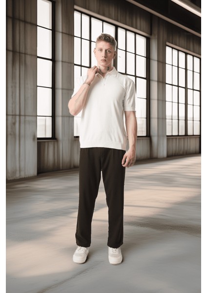 Polo Yaka Basic Düğmeli Triko Erkek T-Shirt - Ekru