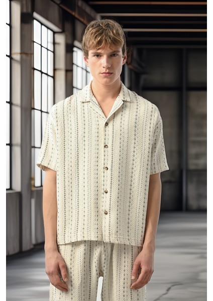 Bohem Çizgili Örme Kumaş Erkek Gömlek - Ekru