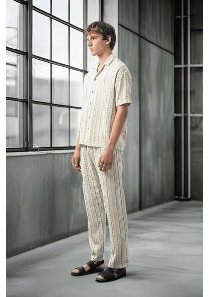 Bohem Çizgili Örme Kumaş Erkek Gömlek - Ekru modelleri