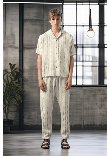 Bohem Çizgili Örme Kumaş Erkek Gömlek - Ekru fırsatları