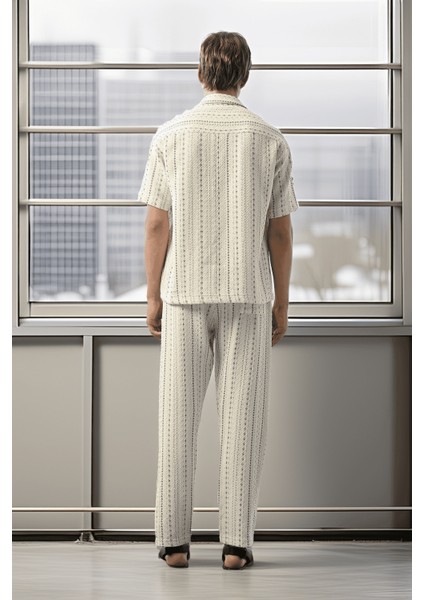 Bohem Çizgili Örme Kumaş Erkek Gömlek - Ekru indirimleri