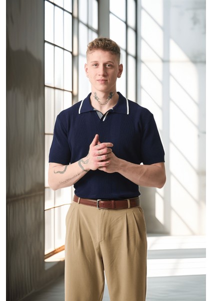 Yakası Şeritli Viskon Polo Yaka Triko Erkek T-Shirt - Lacivert