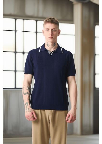Yakası Şeritli Viskon Polo Yaka Triko Erkek T-Shirt - Lacivert