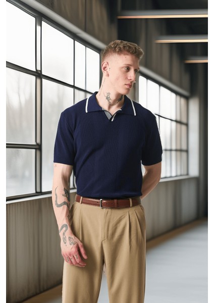Yakası Şeritli Viskon Polo Yaka Triko Erkek T-Shirt - Lacivert