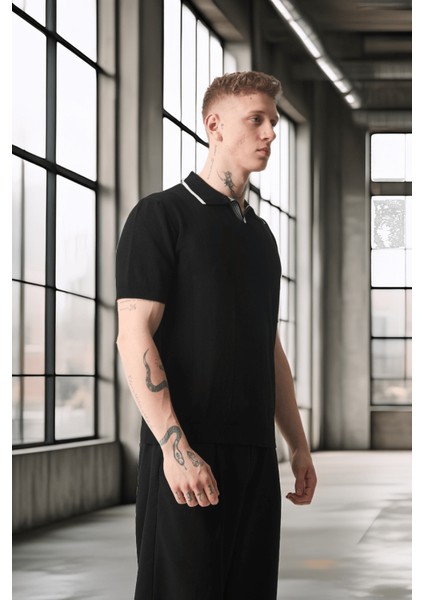 Yakası Şeritli Viskon Polo Yaka Triko Erkek T-Shirt - Siyah