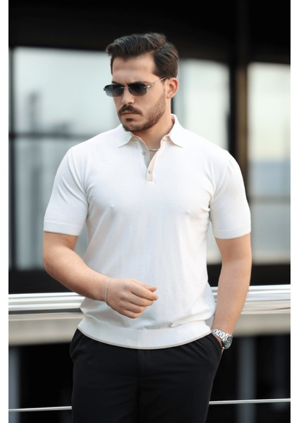 Premium Şerit Detaylı Viskon Polo Yaka Triko Erkek T-Shirt - Ekru