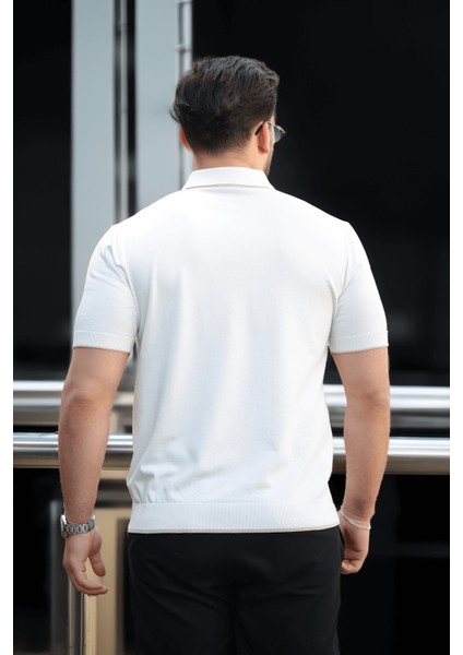 Premium Şerit Detaylı Viskon Polo Yaka Triko Erkek T-Shirt - Ekru