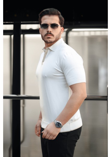 Premium Şerit Detaylı Viskon Polo Yaka Triko Erkek T-Shirt - Ekru