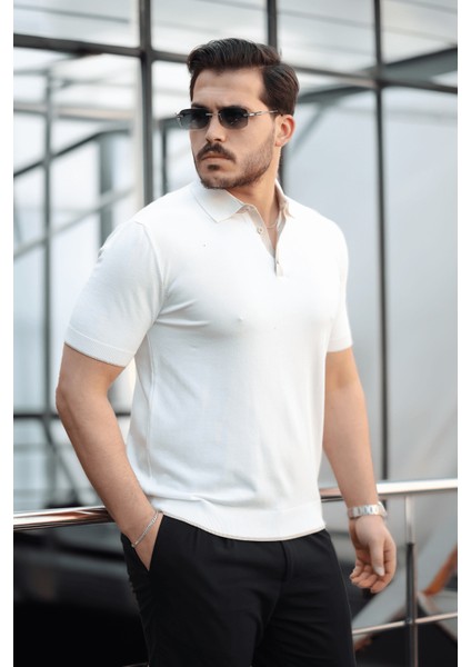 Premium Şerit Detaylı Viskon Polo Yaka Triko Erkek T-Shirt - Ekru