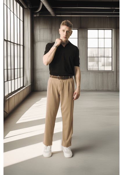 Polo Yaka Basic Düğmeli Triko Erkek T-Shirt - Siyah