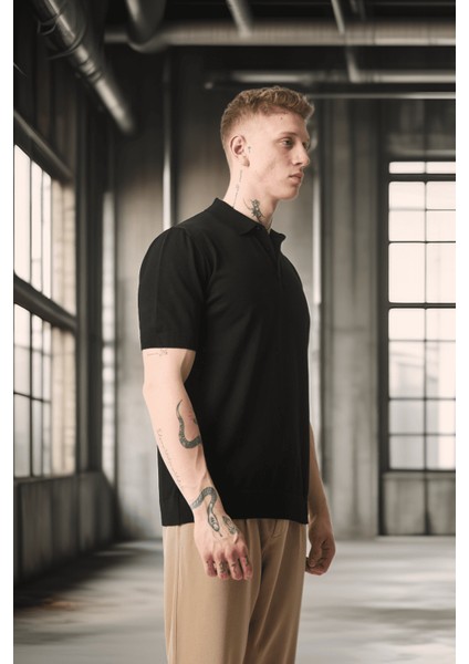 Polo Yaka Basic Düğmeli Triko Erkek T-Shirt - Siyah
