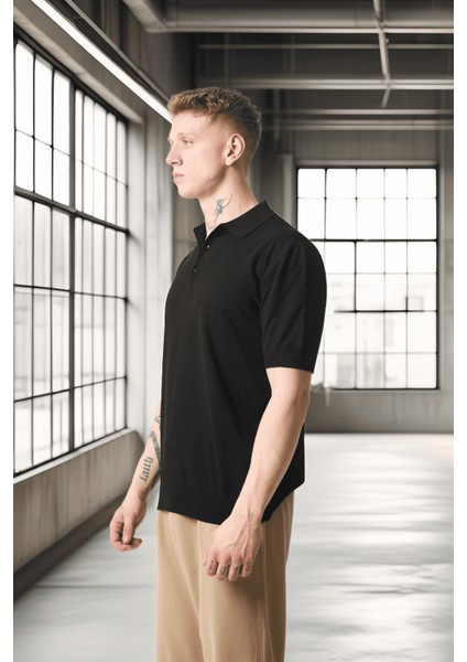 Polo Yaka Basic Düğmeli Triko Erkek T-Shirt - Siyah