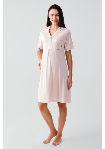 Kısa Kollu Fiyonk Desenli Düğmeli Kısa Esnek Viskoz Hamile Gecelik 17107