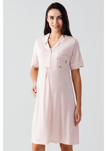 Kısa Kollu Fiyonk Desenli Düğmeli Kısa Esnek Viskoz Hamile Gecelik 17107 fiyatları