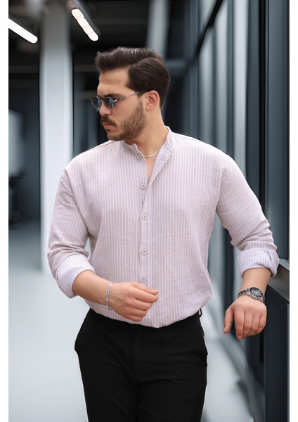 Çizgili Müslin Kumaş Yarım Pat Erkek Gömlek - Bej