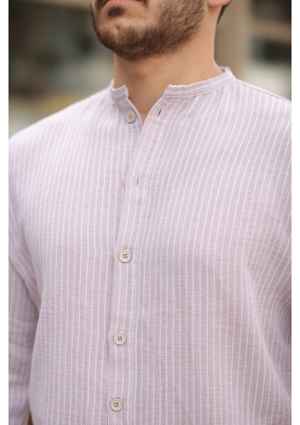 Çizgili Müslin Kumaş Yarım Pat Erkek Gömlek - Bej modelleri