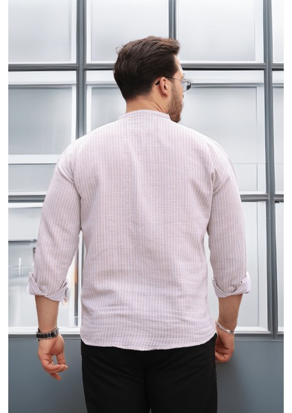 Çizgili Müslin Kumaş Yarım Pat Erkek Gömlek - Bej indirimleri