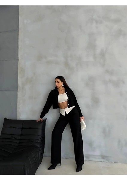 Keten Gömlek-Crop-Salaş Pantolon Takım - Siyah