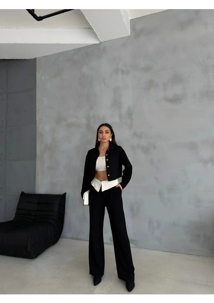 Keten Gömlek-Crop-Salaş Pantolon Takım - Siyah fırsatları