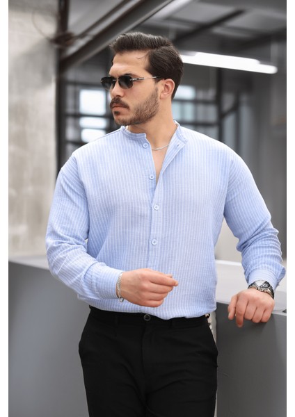 Çizgili Müslin Kumaş Yarım Pat Erkek Gömlek - Mavi