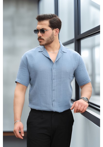 Yarım Oversize Apaş Yaka Kısa Kol Müslin Kumaş Erkek Gömlek - Soğuk Mavi