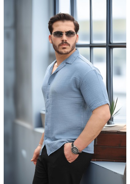 Yarım Oversize Apaş Yaka Kısa Kol Müslin Kumaş Erkek Gömlek - Soğuk Mavi fiyatları