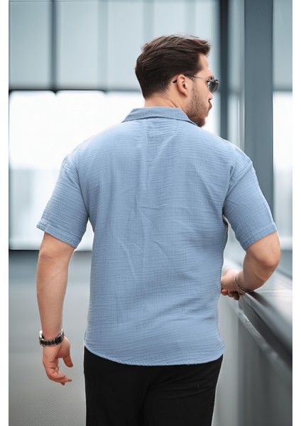 Yarım Oversize Apaş Yaka Kısa Kol Müslin Kumaş Erkek Gömlek - Soğuk Mavi modelleri