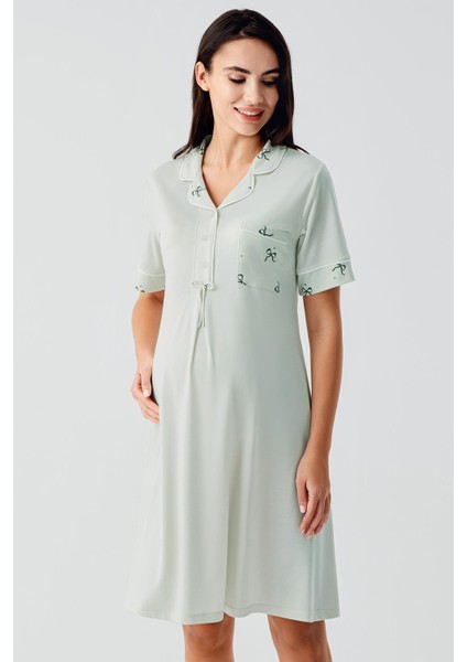 Kısa Kollu Fiyonk Desenli Düğmeli Kısa Esnek Viskoz Hamile Gecelik 17107 fiyatları