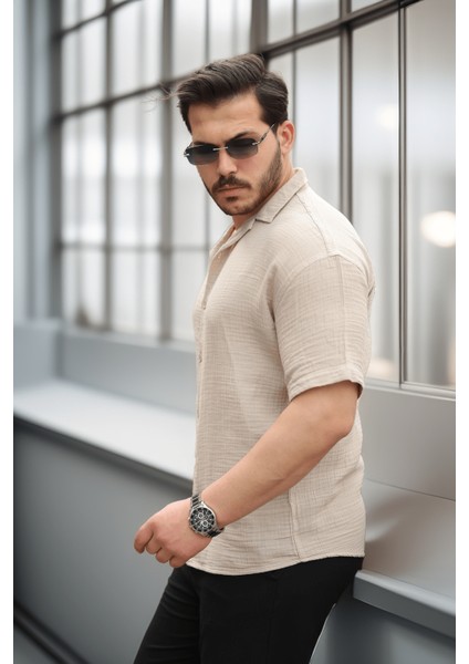 Yarım Oversize Apaş Yaka Kısa Kol Müslin Kumaş Erkek Gömlek - Bej
