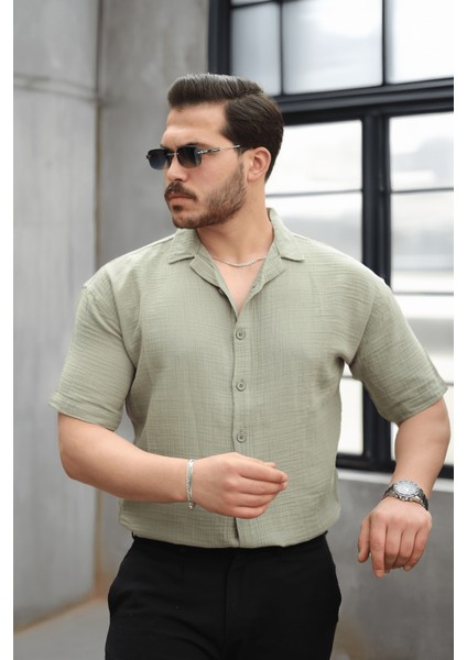 Yarım Oversize Apaş Yaka Kısa Kol Müslin Kumaş Erkek Gömlek - Haki