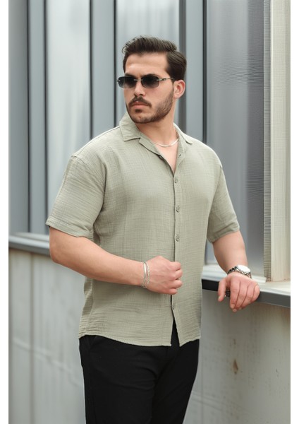 Yarım Oversize Apaş Yaka Kısa Kol Müslin Kumaş Erkek Gömlek - Haki fırsatları