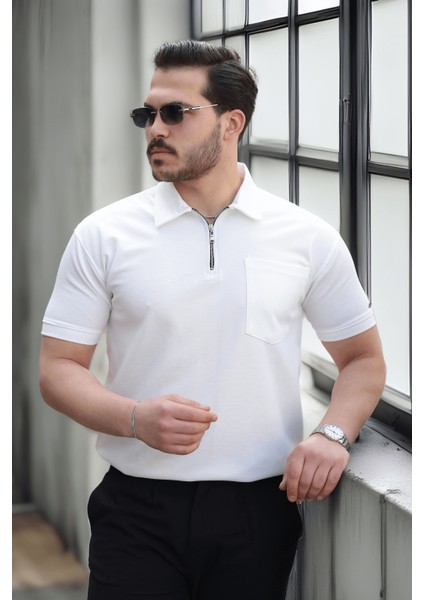 Yarım Fermuar Tek Cepli Erkek T-Shirt - Beyaz fırsatları