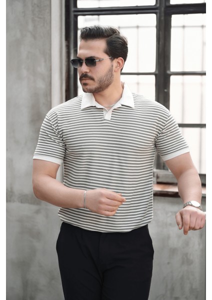 Çizgili Örme Desenli Polo Yaka Erkek T-Shirt - Yeşil
